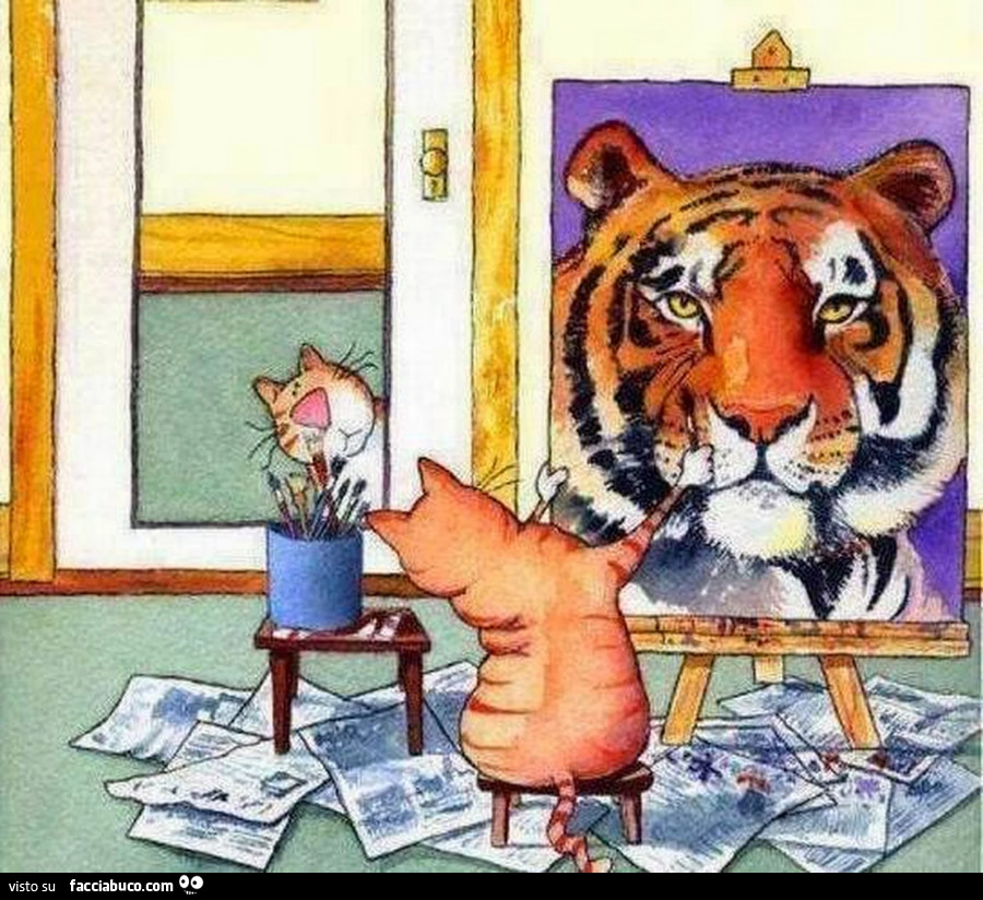 Il gatto fa l'auto ritratto disegnandosi come una tigre