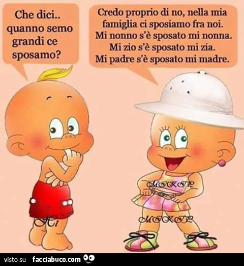 Che dici&hellip; quanno semo quandi ce sposamo? Credo di no, nella mia famiglia ci sposiamo fra noi. Mi nonno s'è sposato mi nonna. Mi zio s'è sposato mi zia. Mi padre s'è sposato mi madre
