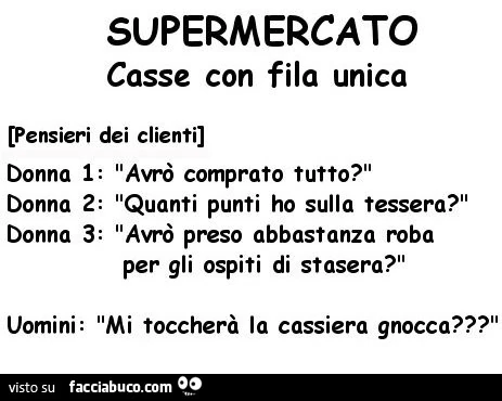 Supermercato casse con fila unica. Pensieri dei clienti donne e uomini