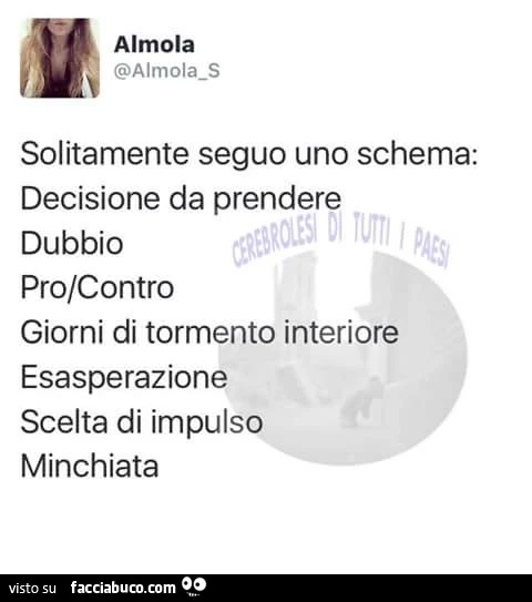 Solitamente seguo uno schema: decisione da prendere dubbio pro/contro giorni di tormento interiore esasperazione scelta di impulso minchiata