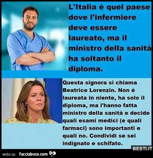 L'Italia è quel paese dove l'infermiere deve essere laureato, ma il ministro della sanità ha soltanto il diploma