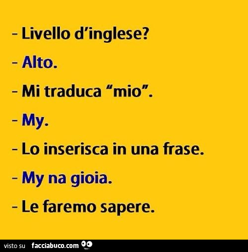 Livello d'inglese? Alto. Mi traduca mio. My. Lo inserisca in una frase. My na gioia. Le faremo sapere