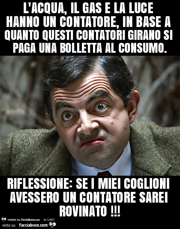 L'acqua, il gas e la luce hanno un contatore, in base a quanto questi contatori girano si paga una bolletta al consumo. Riflessione: se i miei coglioni avessero un contatore sarei rovinato