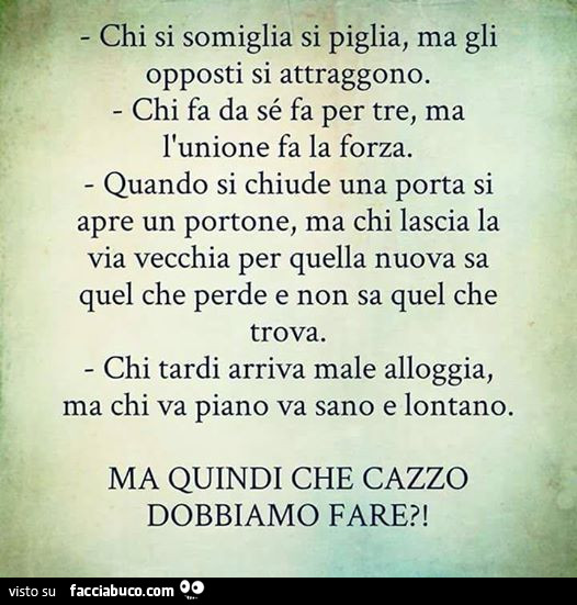 Chi si somiglia si piglia, ma gli opposti si attraggono. Ma quindi che cazzo dobbiamo fare?