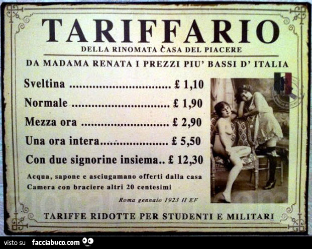 Tariffario della rinomata casa del piacere Da Madama Renata