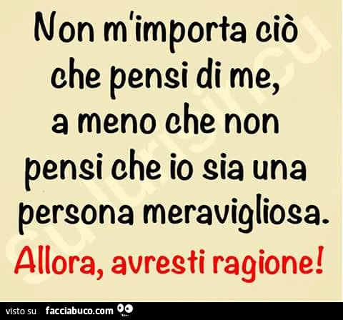 Non m'importa ciò che pensi di me, a meno che non pensi che io sia una persona meravigliosa. Allora, avresti ragione