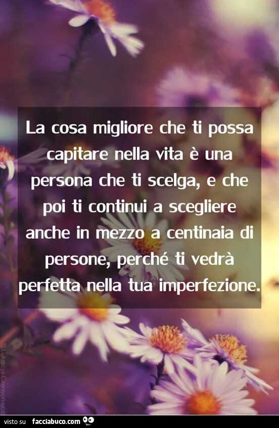 La cosa migliore che ti possa capitare nella vita è una persona che ti scelga, e che poi ti continui a scegliere anche in mezzo a centinaia di persone, perchè ti vedrà perfetta nella tua imperfezione
