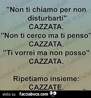 Non ti chiamo per non disturbarti. Cazzata. Non ti cerco ma ti penso. Cazzata. Ti vorrei ma non posso. Cazzata. Ripetiamo insieme: cazzate