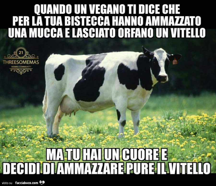 Quando un vegano ti dice che per la tua bistecca hanno ammazzato una mucca e lasciato orfano un vitello ma tu hai un cuore e decidi di ammazzare pure il vitello
