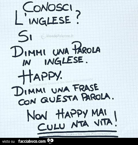 Conosci l'inglese? Si dimmi una parola in inglese. Happy. Dimmi una frase con questa parola. Non happy mai culu nta vita