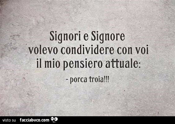 Signori e signore volevo condividere con voi il mio pensiero attuale: porca troia