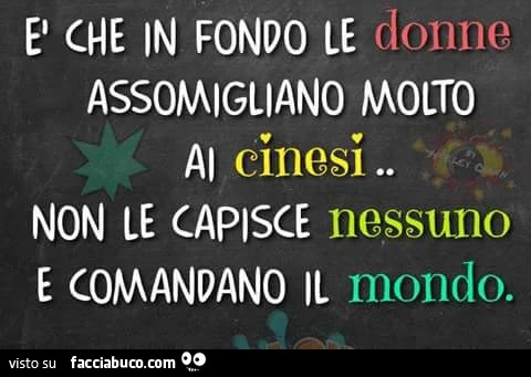 È che in fondo le donne assomigliano molto ai cinesi. Non le capisce nessuno e comandano il mondo
