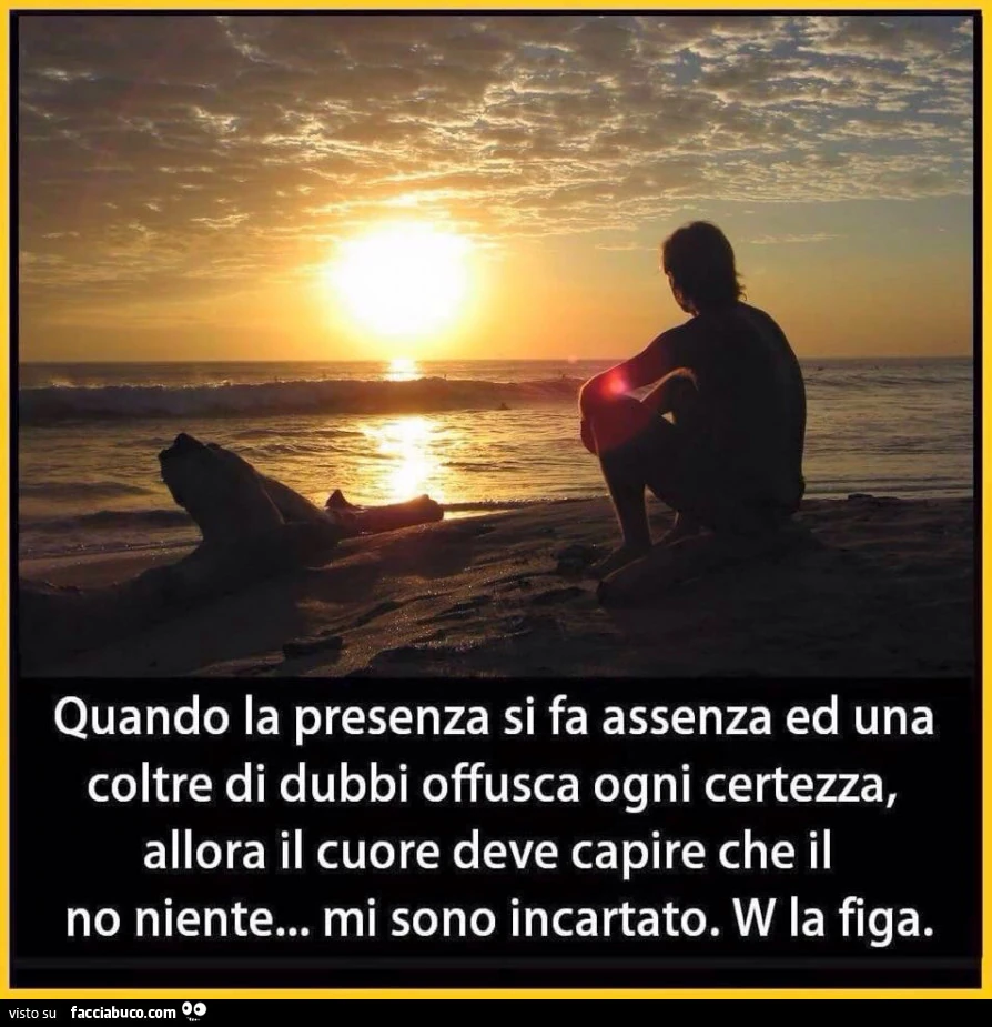 Quando la presenza si fa assenza ed una coltre di dubbi offusca ogni certezza, allora il cuore deve capire che il no niente… mi sono incartato. W la figa