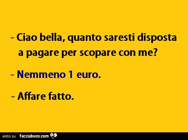 Ciao bella, quanto saresti disposta a pagare per scopare con me? Nemmeno 1 euro. Affare fatto?