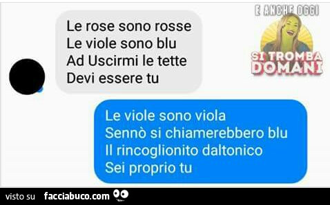 Le rose sono rosse le viole sono blu ad uscirmi le tette devi essere tu. Le viole sono viola sennò si chiamerebbero blu il rincoglionito daltonico sei proprio tu
