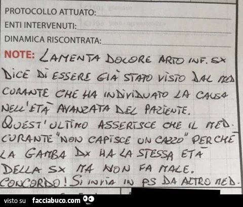 Lamenta dolore arto inferiore sinistro. Dice di essere già stato visto dal medico curante che ha individuato la causa nell'età avanzata del paziente