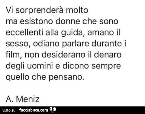 Vi sorprenderà molto ma esistono donne che sono eccellenti alla guida, amano il sesso, odiano parlare durante i film, non desiderano il denaro degli uomini e dicono sempre quello che pensano