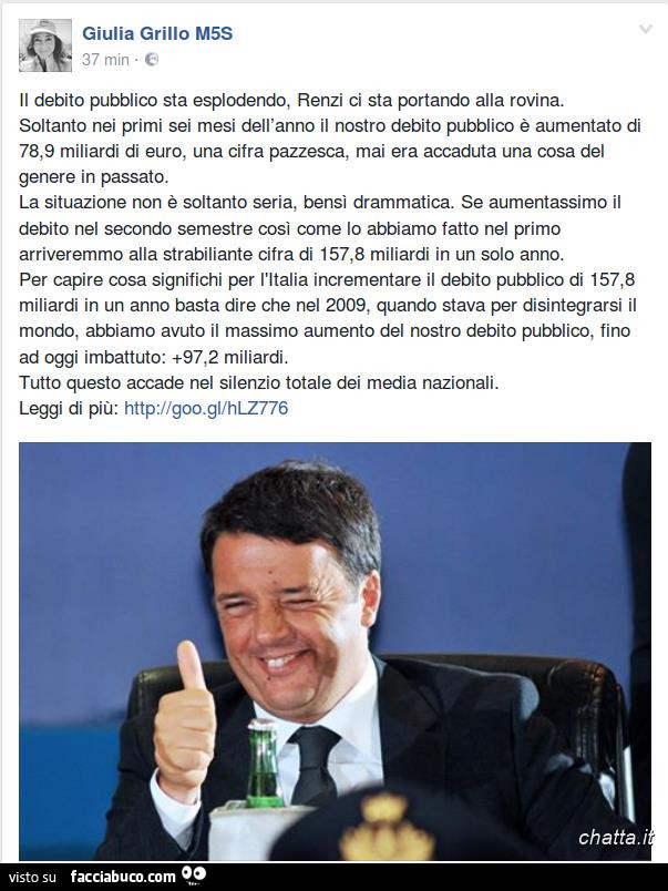 Il debito pubblico sta esplodendo, Renzi ci sta portando alla rovina
