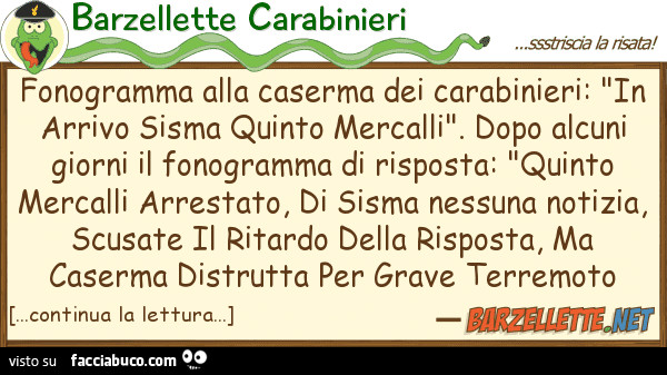 Fonogramma alla caserma dei Carabinieri: in arrivo Sisma Quinto Mercalli