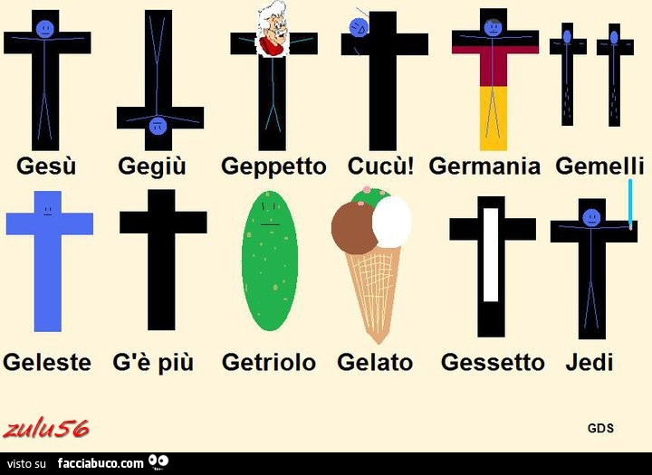 Gesù, Gegiù, Geppetto, Cucù, Germania, Gemelli, Geleste, Ge più, Getriolo, Gelato, Gessetto, Jedi