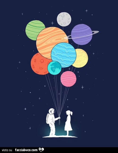 Astronauta con i pianeti tenuti come palloncini
