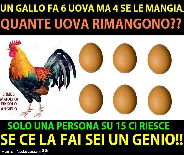 Un gallo fa 6 uova ma 4 se le mangia. Quante uova rimangono? Solo una persona su 15 ci riesce se ce la fai sei un genio
