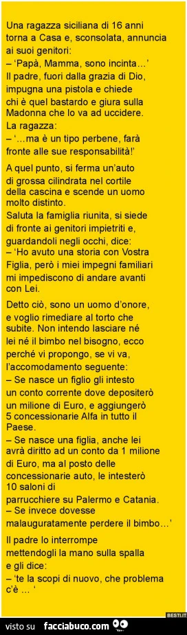 Una ragazza siciliana di 16 anni torna a casa e sconsolata annuncia ai suoi genitori