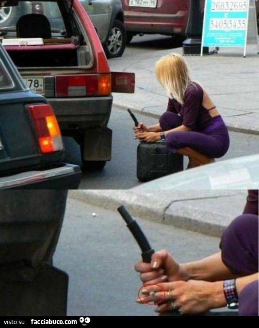 Bionda fuma davanti alla tanica di benzina