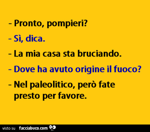 Pronto, pompieri? Sì, dica. La mia casa sta bruciando. Dove ha avuto origine il fuoco? Nel paleolitico, però fate presto per favore