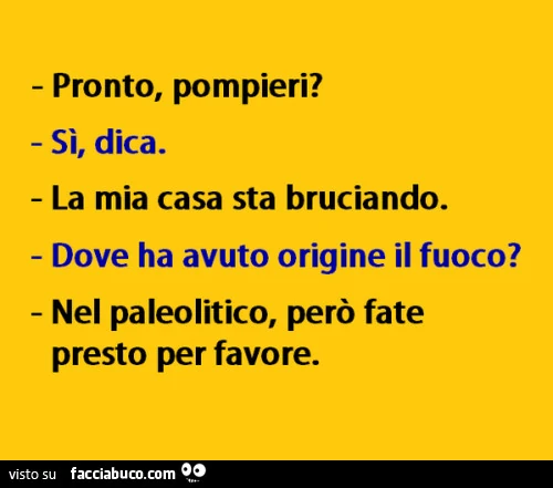 Pronto, pompieri? Sì, dica. La mia casa sta bruciando. Dove ha avuto origine il fuoco? Nel paleolitico, però fate presto per favore