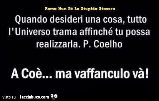 Quando desideri una cosa, tutto l'universo trama affinchè tu possa realizzarla. P. Coelho. A Coè&hellip; ma vaffanculo và