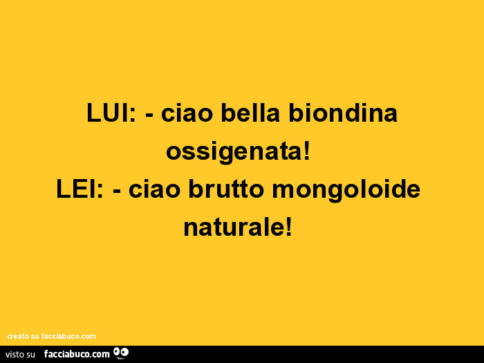Lui: - ciao bella biondina ossigenata! Lei: - ciao brutto mongoloide naturale