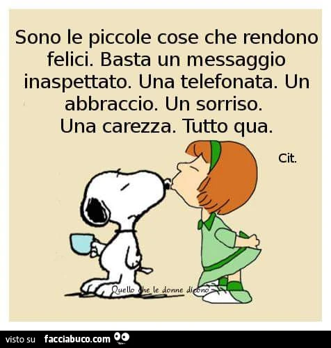 Sono le piccole cose che rendono felici. Basta un messaggio inaspettato. Una telefonata. Un abbraccio. Un sorriso. Una carezza. Tutto qua