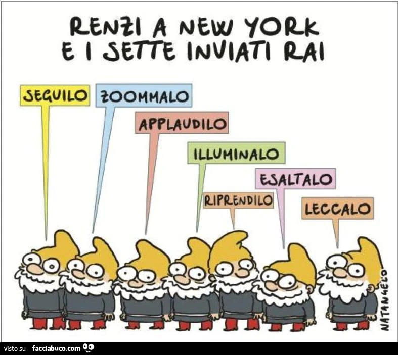 Renzi a New York e i sette inviati Rai. Seguilo, Zoommalo, Applaudilo, Illuminalo, Riprendilo, Esaltalo, Leccalo