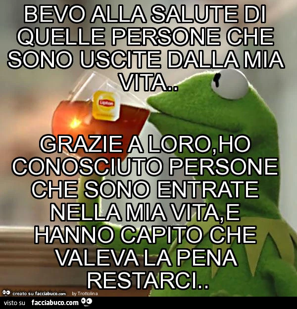 Bevo alla salute di quelle persone che sono uscite dalla mia vita. Grazie a loro,ho conosciuto persone che sono entrate nella mia vita,e hanno capito che valeva la pena restarci