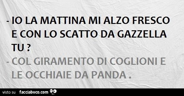 Io la mattina mi alzo fresco e con lo scatto da gazzella, tu? Col giramento di coglioni e le occhiaie da panda