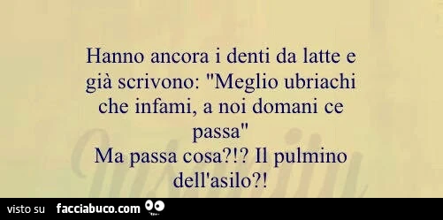 Hanno ancora i denti da latte e già scrivono: meglio ubriachi che infami, a noi domani ce passa. Ma passa cosa? Il pulmino dell'asilo?