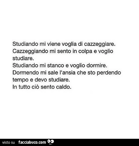 Studiando mi viene voglia di cazzeggiare. Cazzeggiando mi sento in colpa e voglio studiare