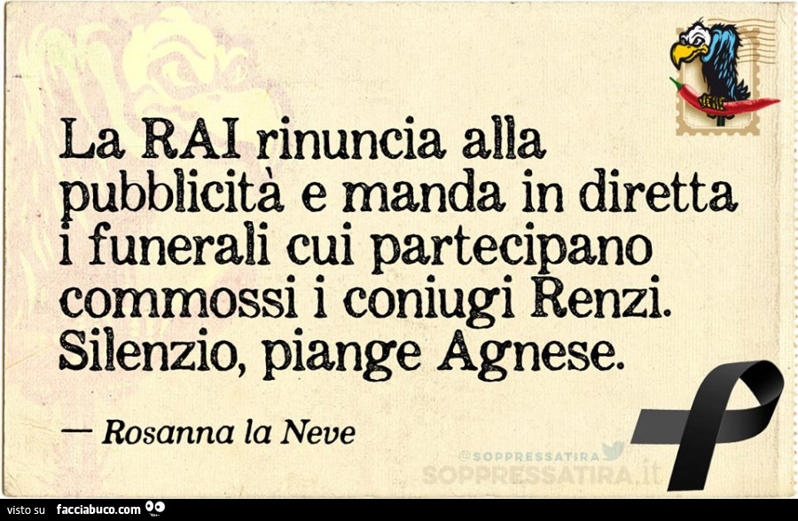 La RAI rinuncia alla pubblicità e manda in diretta i funerali cui partecipano commossi i coniugi Renzi. Silenzio, piange Agnese