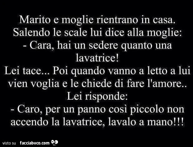 Marito e moglie rientrano in casa. Salendo le scale lui dice alla moglie: cara, hai un sedere quanto una lavatrice