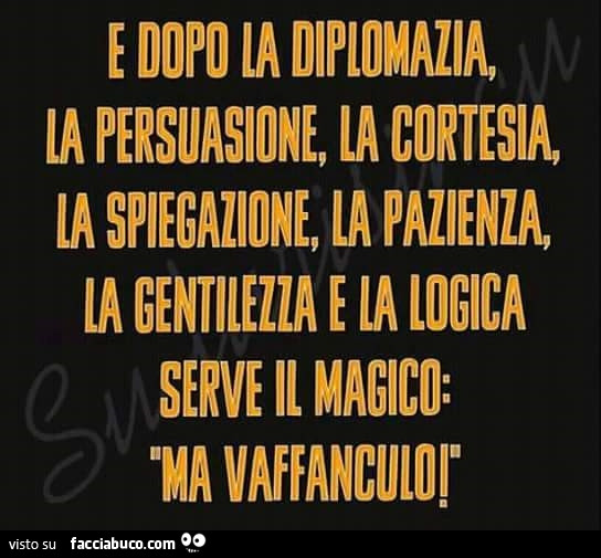 E dopo la diplomazia, la persuasione, la cortesia, la spiegazione, la pazienza, la gentilezza E la logica server il magico: ma vaffanculo
