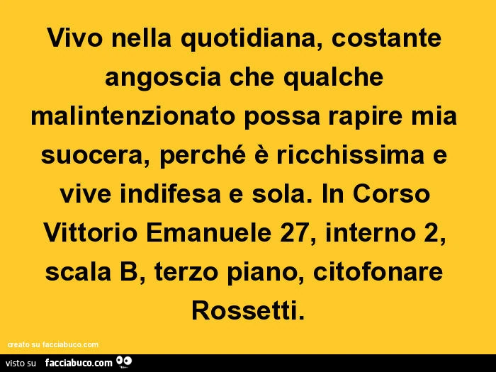 Vivo nella quotidiana, costante angoscia che qualche malintenzionato possa rapire mia suocera, perché è ricchissima e vive indifesa e sola. In corso vittorio emanuele 27, interno 2, scala b, terzo piano, citofonare rossetti