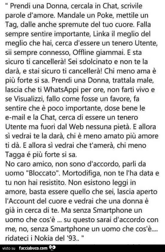 Prendi una donna, cercala in chat, scrivile parole d'amore. Mandale un poke, mettile un tag