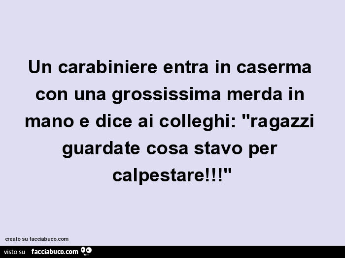 Un carabiniere entra in caserma con una grossissima merda in mano e dice ai colleghi: "ragazzi guardate cosa stavo per calpestare!"