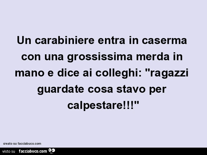 Un carabiniere entra in caserma con una grossissima merda in mano e dice ai colleghi: "ragazzi guardate cosa stavo per calpestare!"