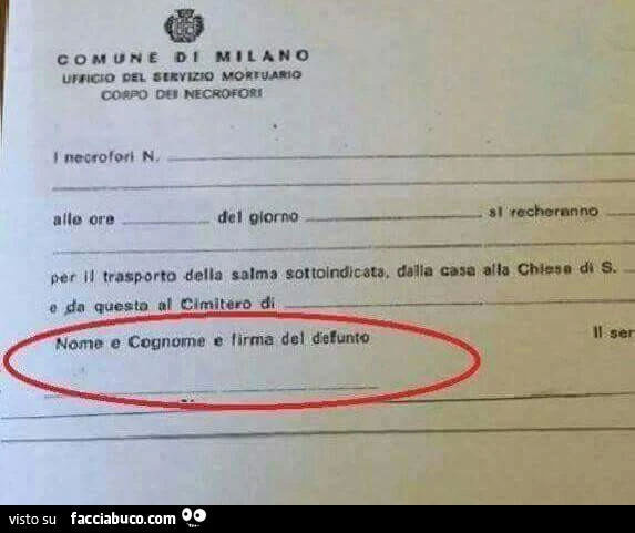 Comune di Milano. Nome e cognome e firma del defunto
