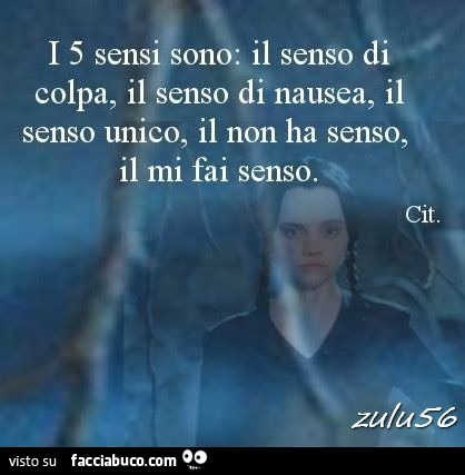 1 5 sensi sono: il senso di colpa, il senso di nausea, il senso unico, il non ha senso, il mi fai senso