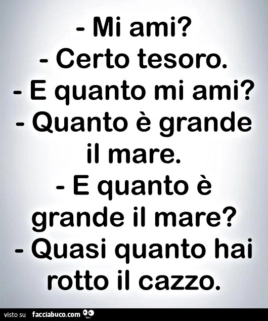 Mi ami? Certo tesoro. E quanto mi ami? Quanto è grande il mare. E quanto è grande il mare? Quasi quanto hai rotto il cazzo