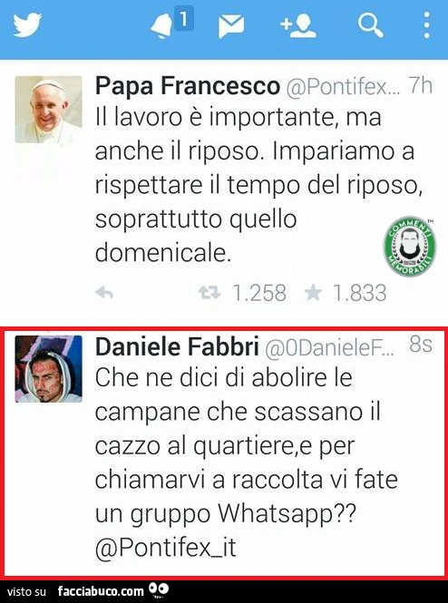 Papa Francesco: il lavoro è importante ma anche il riposo. Che ne dici di abolire le campane che scassano il cazzo al quartiere e per chiamarvi a raccolta vi fate un gruppo Whatsapp?