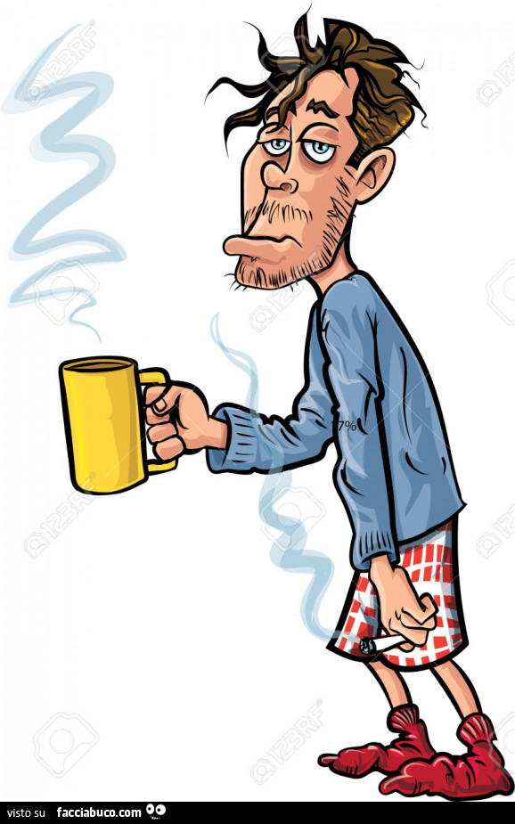 Illustrazione ragazzo stanco in pigiama con cappuccino e sigaretta in mano